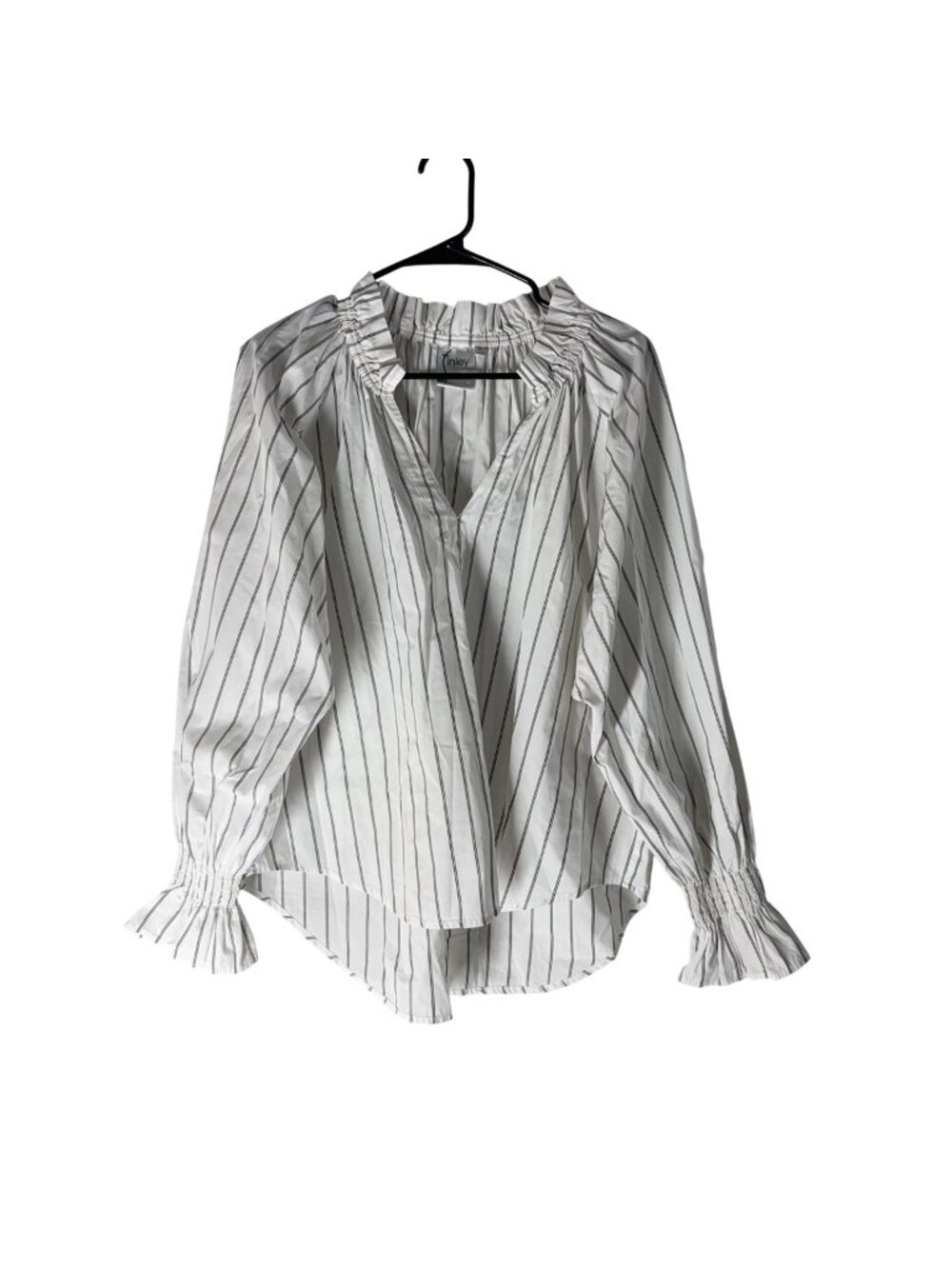Finley White Gray Striped Smocked Cuff Collar Vneck Blouse Womens Medium